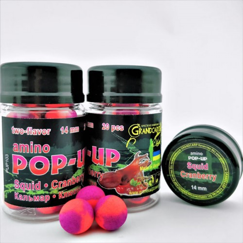 Бойл amino POP-UP Grandcarp SQUID • CRANBERRY (КАЛЬМАР • ЖУРАВЛИНА) Ø14 мм 20 шт. (PUP103)