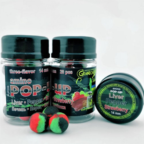 Бойлы amino POP-UP Grandcarp LIVER•PEPPER•STRAWBERRY (ПЕЧЕНЬ•ПЕРЕЦ•КЛУБНИКА) Ø14 мм 20 шт. (PUP206)